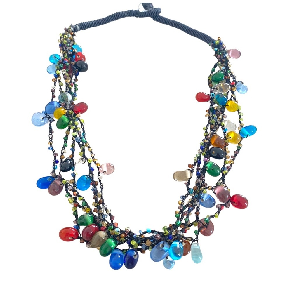 Multi strand crochet knit necklace with glass beads multicolor handmade